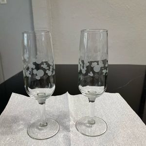 Disney MICKEY MOUSE Ears Glass Etched Champagne Flutes